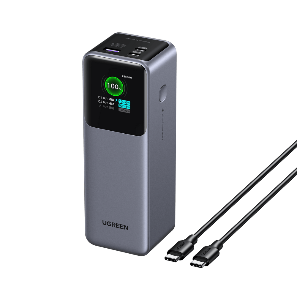 Вертикальный UGREEN Nexode 25000 мА·ч 200 Вт с экраном и отдельным USB-C кабелем.